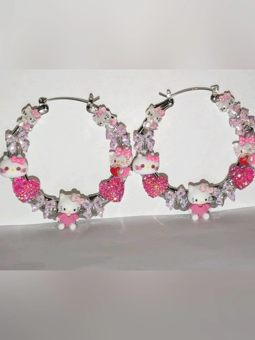 Hand Crafted Pink Hello Kitty Crystal Heart Hoop Earrings